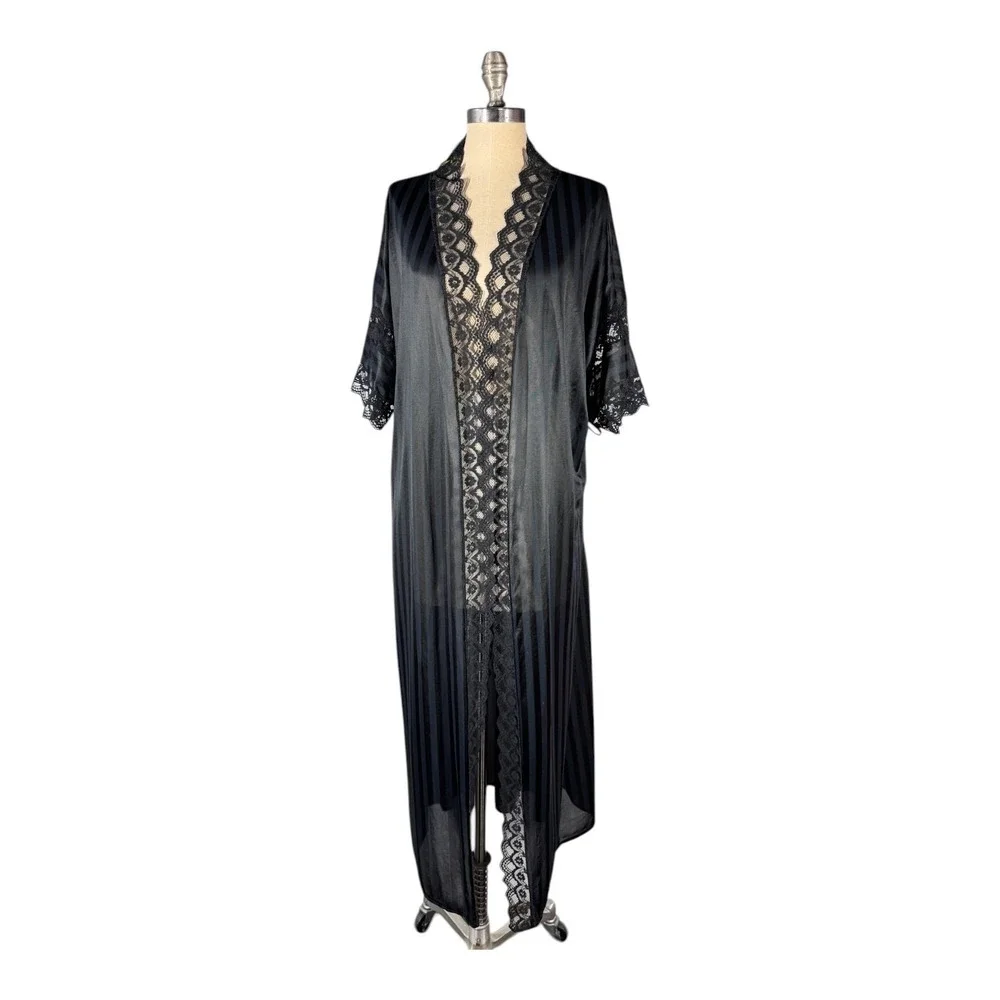 Fredericks of Hollywood Robe Medium Black Sheer Lace Trim Long Lounge VTG - Picture 1 of 9